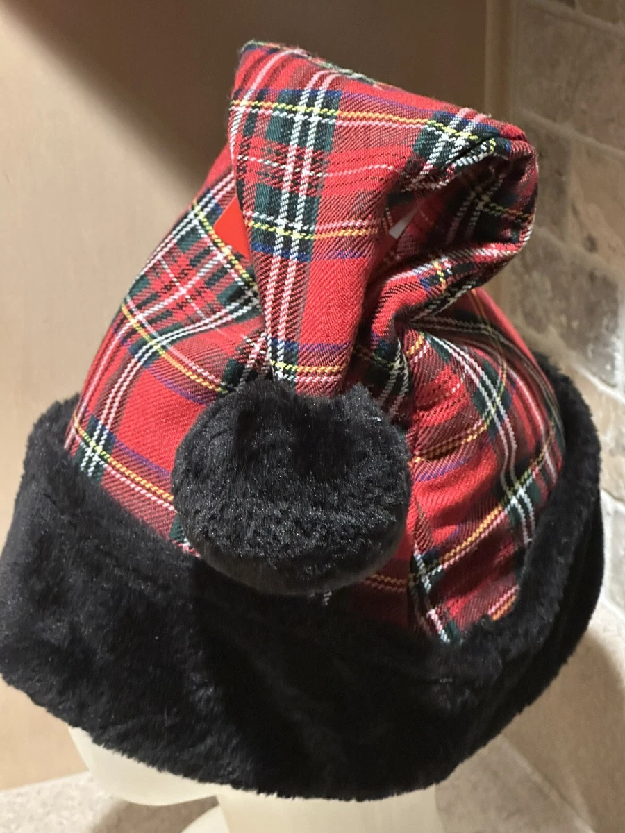 Red Black And Green Plaid and Black Fur with Pom Pom Santa Hat New