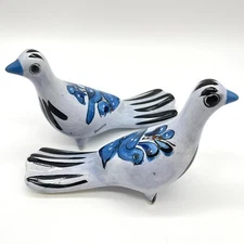 Pair Tonala Mexican Pottery Folk Art Blue Birds Hand Painted folk Art