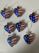 Vintage,7 American Flag Heart Shaped Glass Ornaments Patriotic Item 202778