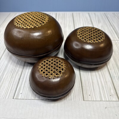Woven Rattan Wood Nesting Trinket Boxes Style Parlane With 3 Round Containers