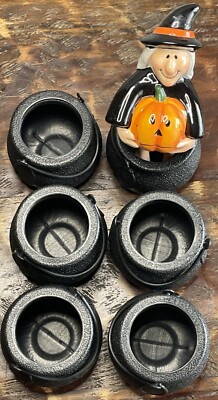 6 Mini Blow Mold Black Cauldrons w/an Edge Sitting Ceramic Witch & Her Pumpkin