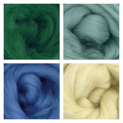 WORLD OF WOOL 4 Pack Corriedale Needle Wet Felting Wool Green Blue Shades 100g