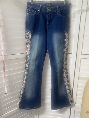 FITELLE PARIS Beaded Lacey Blue Denim Lace Boot Cut Mid Rise Jeans Sz 27 Small