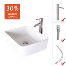 Bathroom Ceramic Vessel Sink White Rectangle Faucet Bowl Pop Up Drain Top Combo