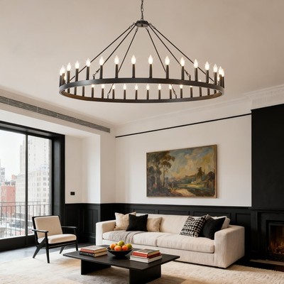 36 Light 60'' Pendant Wagon Wheel Black Farmhouse Chandelier Living Room Fixture