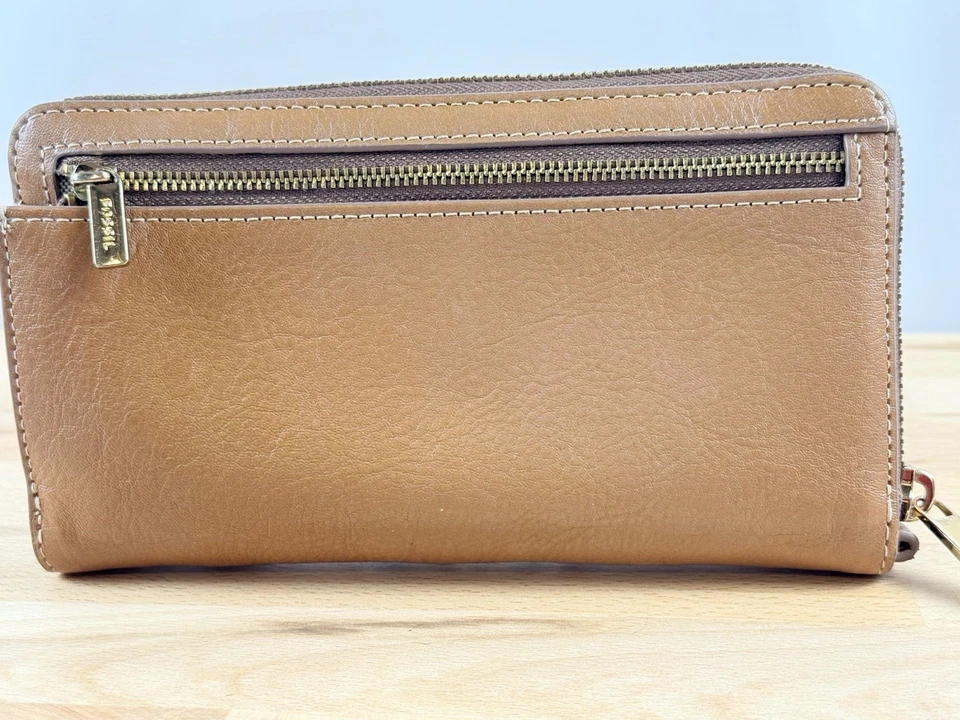 FOSSIL Liza Zip Around Clutch Wallet Brown Leather And Denim Zip Around Wristlet - Image 4 of 4