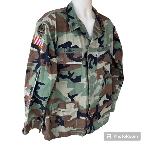 US Army Woodland Camouflage Button Front Pockets Hot Weather Coat Mens L Long - Picture 4 of 11
