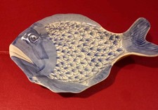 Vintage Style Replica Fish Themed Serving Dish Used Good Blue & White 10"