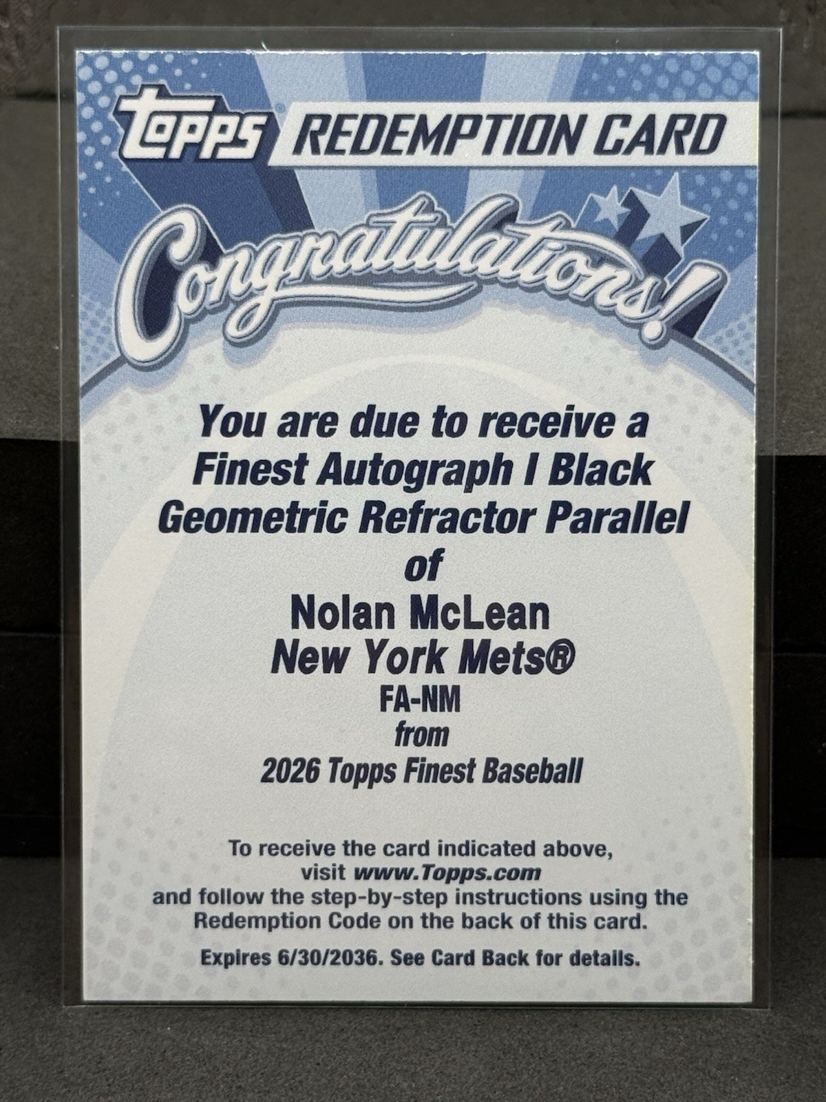 2026 Topps Finest Nolan McLean Black Geometric Refractor RC Auto /10 view 1