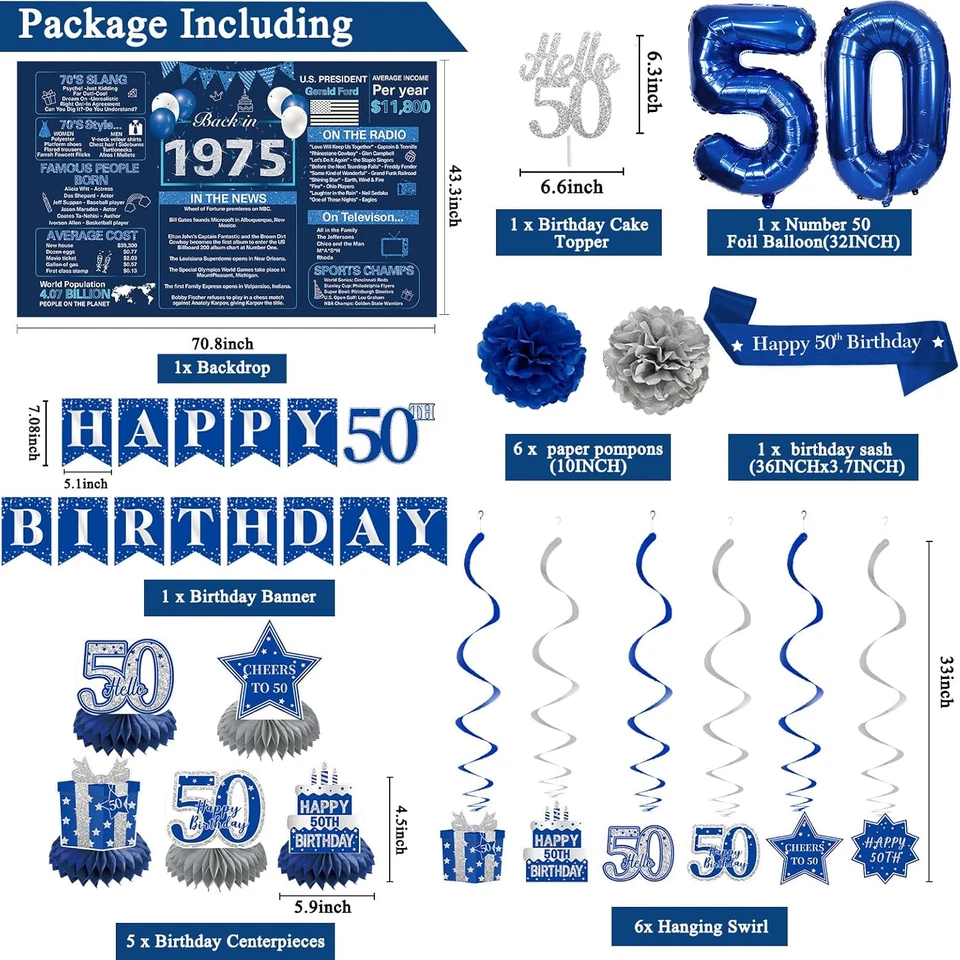 Decoraciones de 50 cumpleaños para hombres o mujeres - telón de fondo 1975, pancarta, remolino Foto 2 de 4