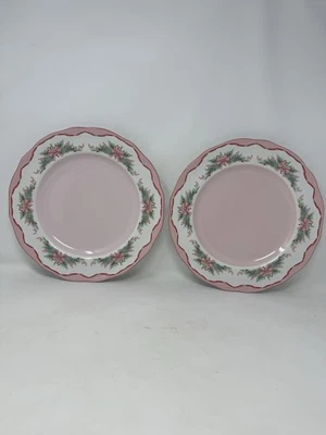 2 Pinkmas Dinner Plates Pink Bows Christmas Ribbon Garland Porcelain 222 fifth