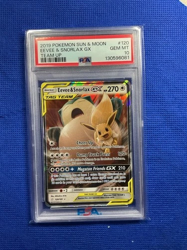 2019 POKEMON SUN & MOON TEAM UP #120 EEVEE & SNORLAX GX PSA 10