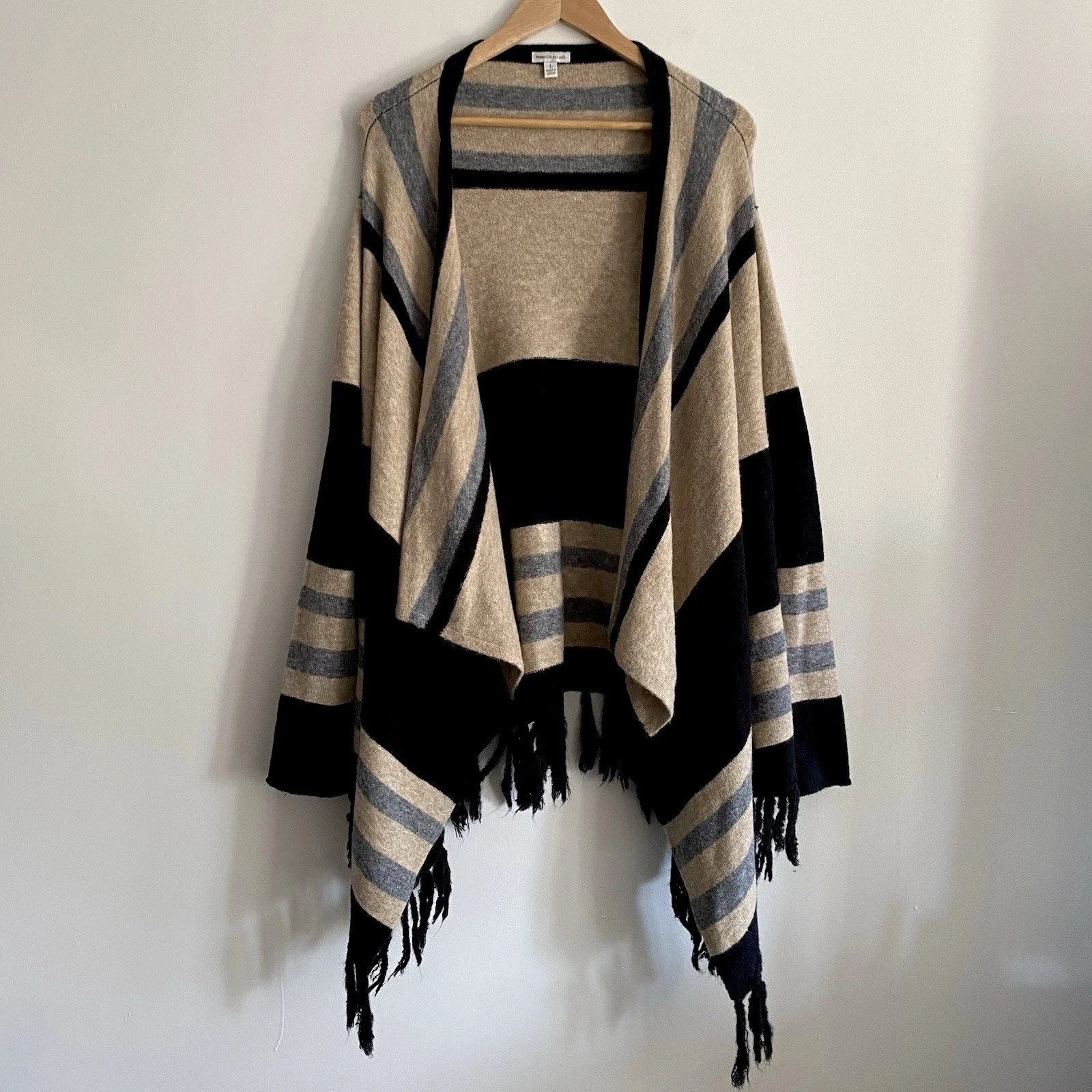 Rebecca Elliot Womens L Striped Poncho Sweater Wool Blend Fringe Boho