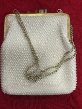Vintage Hand-beaded Ivory Evening Hand Shoulder Bag Kiss Lock Hong Kong Adjustbl