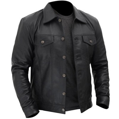MENS TRUCKER BLCK GENUINE LEATHER JACKET BIKER DENIM STYLE VINTAGE JACKET COAT