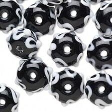 24 Lampwork Glass Black White 13x9mm Rondelle Beads with 3-3.2mm Hole