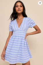 Lovely Chicness Blue and White Geo Print Puff Sleeve Mini Dress (M)
