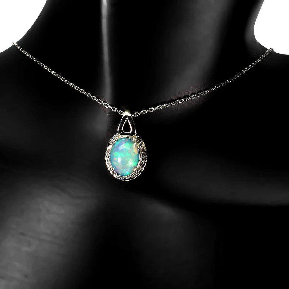 Collana In Argento 925 Con Opale Fuoco Ovale 9x7mm E Gemma Topazio 18 Pollici - Immagine 2 di 4