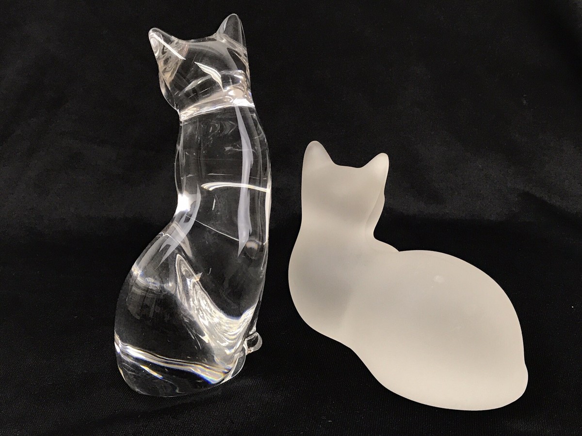 Set of 2 Lenox Crystal Cat Figurines; Clear Frosted Glass