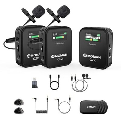 Moman kabelloses Lavaliermikrofon, C2X 2.4G Clip-On Ansteckmikrofonsystem mit TFT