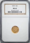 1874 Type 3 Indian Princess Head Gold Dollar G$1 NGC MS62