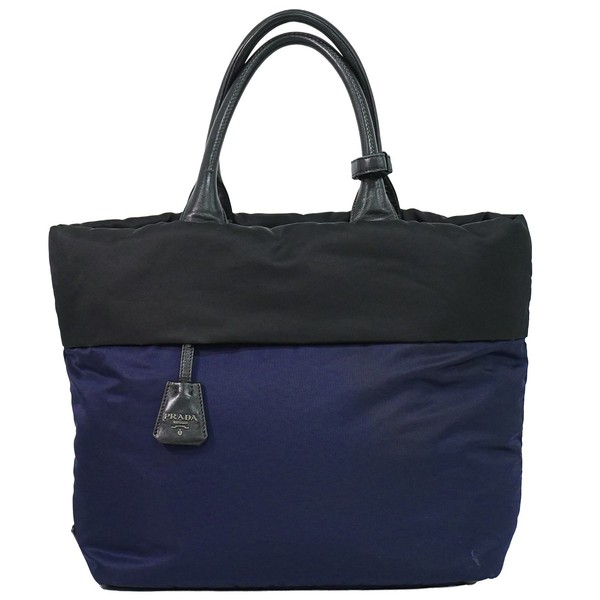 PRADA Nylon Tote Handbag Navy Black Silver