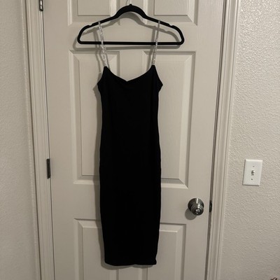NAKED WARDROBE Classic Black Rhinestone Straps Dress Size Small Glam Party LBD