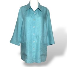 COLDWATER CREEK Linen Jacket Women M Turquoise Lightweight Lagenlook Oversized