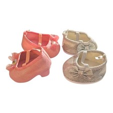 2 Pairs Build A Bear Shoes BAB Silver Sparkle Flats Pink Tulle Rhinestone Heels