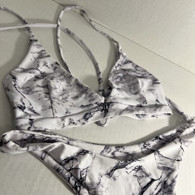 Marble Print Bikini Set White Gray Tie Back Two Piece Swimsuit Size M