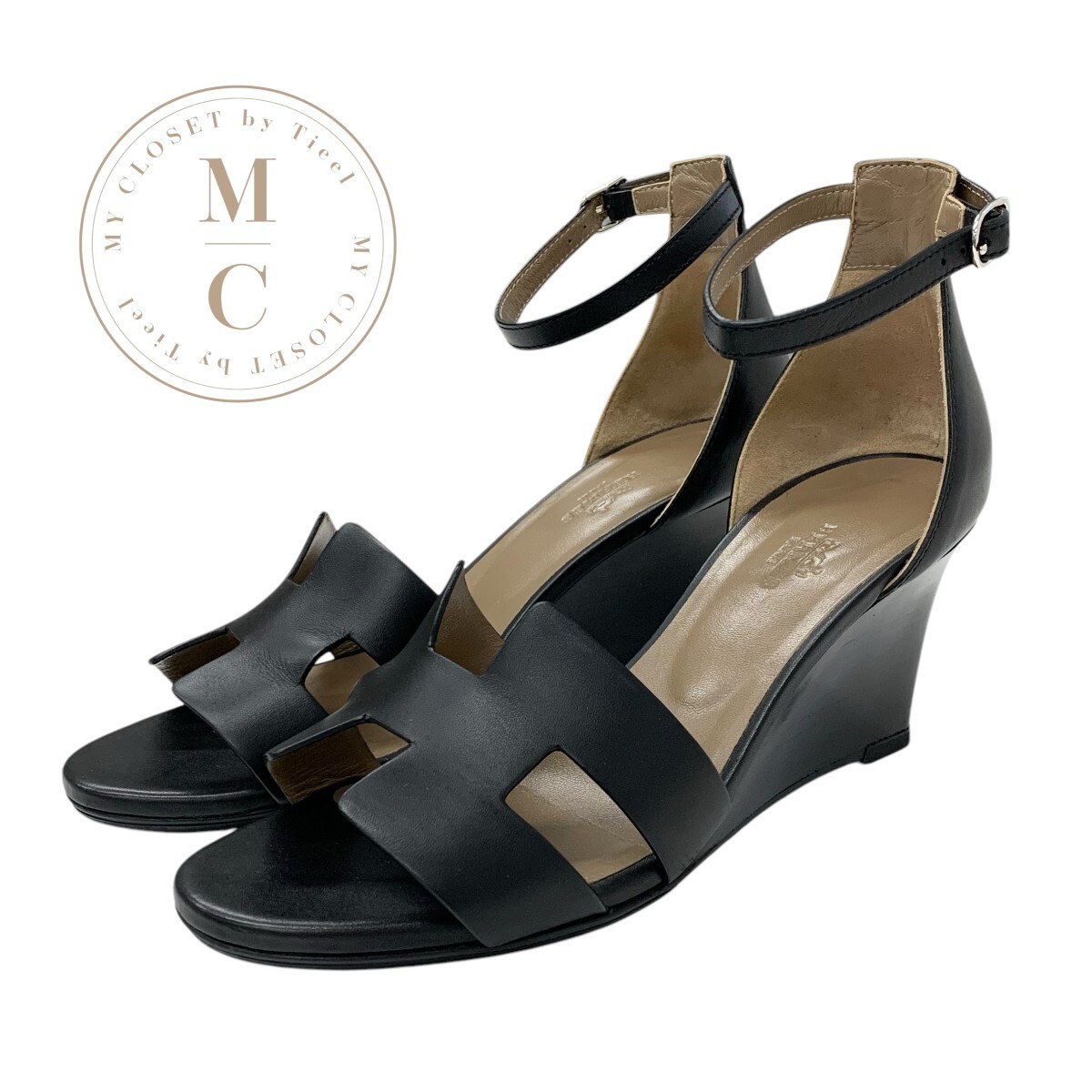 Hermès Legend Sandals Wedge Sole Black Leather Size 38 US About 8 For Women
