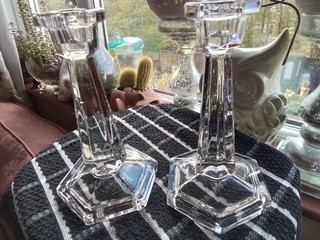 Art Deco Davidson 1930's Pair Clear Glass Hexagonal Candlesticks 18.5cms tall