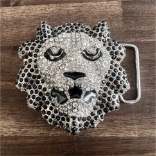 Rhinestone Lion Head Belt Buckle Silver/Black Metal Fits 2in Belt MK-582-C