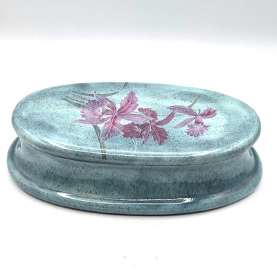 VINTAGE Art Pottery OVAL Jewelry Box Trinket Dish with H Painted Orchids on Lid