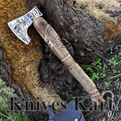 Hand Forged 21.5'' Viking Etched Norse Axe Viking Axe Gift for Men Ashwood Handle