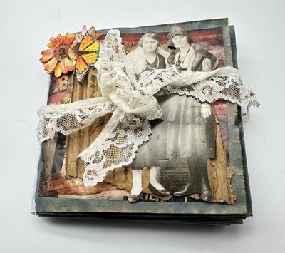 Hand Made Junk Journal  6x5 Inches Old Time Pictures With Orange Yellow Flowers