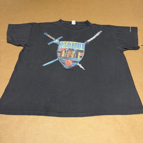 Vintage Highlander Shirt Mens XL Black Castle Crest Swords Graphic Tee 90s