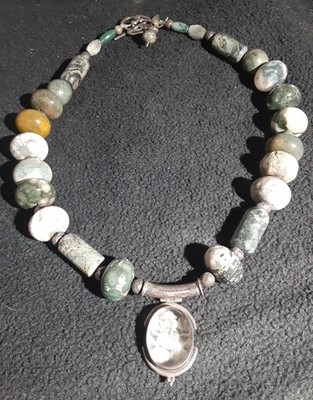 STERLING CLASPED MULTI STONE BRAD NECKLACE CARVED CRYSTAL PENDANT 