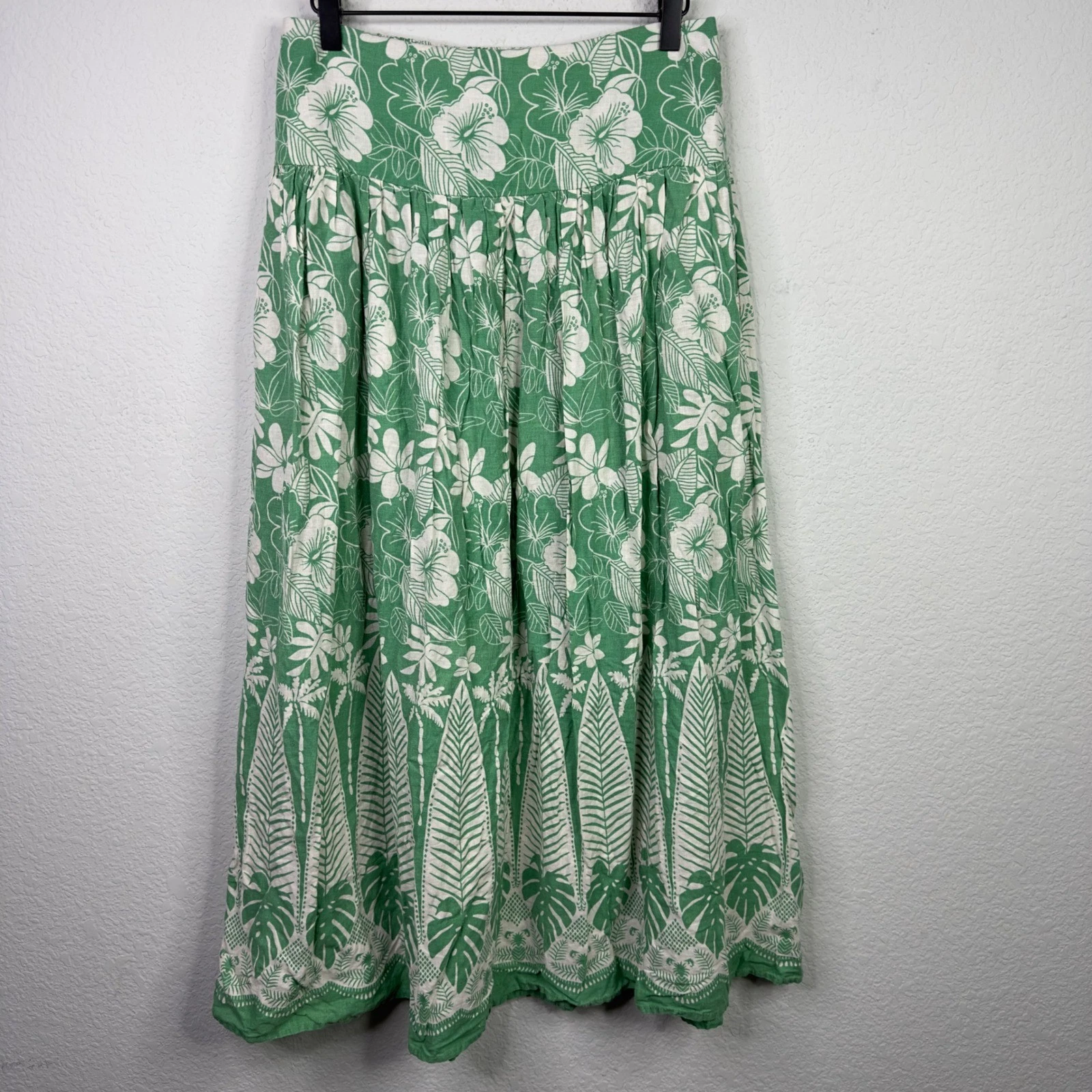 C&C California Skirt Womens S Green Linen Blend Floral Tropical Coastal Vacation