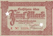 Pforzheim - Stadt - 5 Mark - Wellen - K N&deg; KN 5st - entw: 2x Perf. -  414.04b)