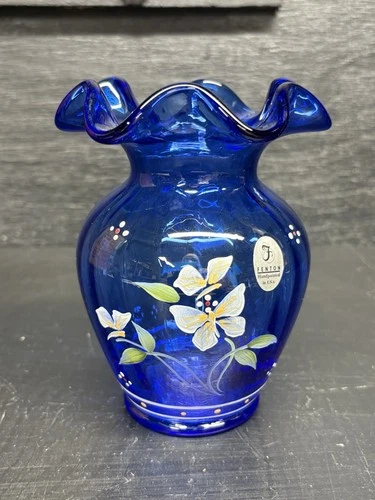 Vintage Fenton Cobalt Blue Glass 5” Hand Painted Butterfly Vase Ruffled Edge