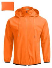 Mens Waterproof Rain Jacket With Hood Orange Raincoat Packable Lightweight Ra...