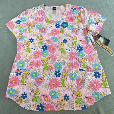 Disney Tooniforms Tinker Bell Scrub Top Pink Floral V-Neck Medical Uniform L NEW