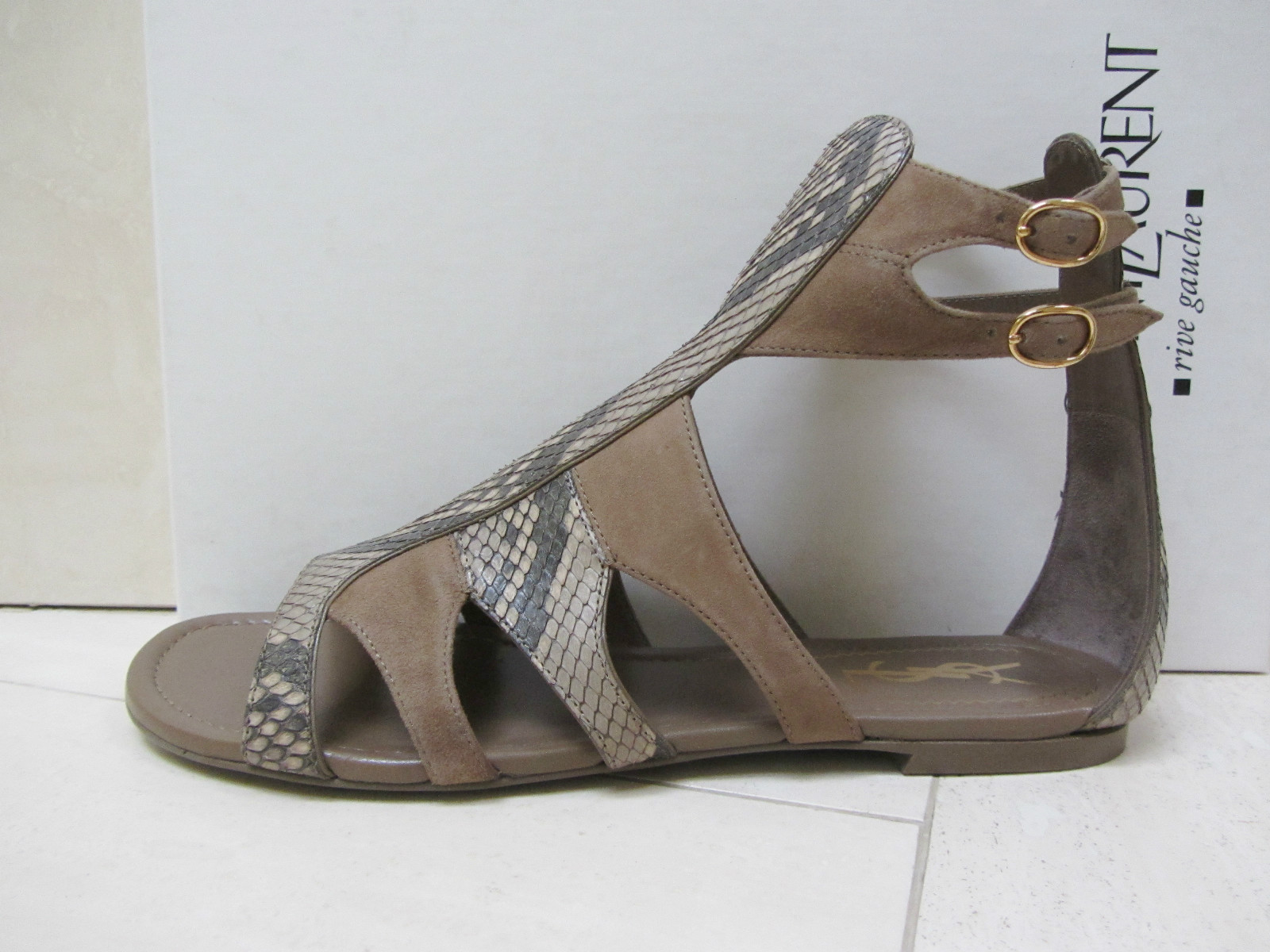 Sandali piatti nuovi con scatola ysl Yves Saint Laurent FIORE 05 PELLE DI SERPENTE CAMOSCIO 36