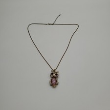 Pink Faux Stone Cabochon and Rhinestone Owl Pendant with Gold Tone Chain