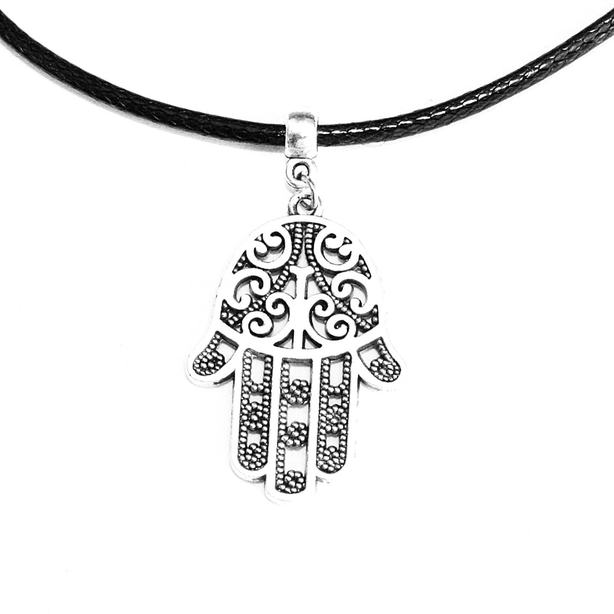Hamsa Symbol Hand Charm Pendant Choker Necklace with Black Cord