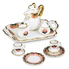 Black Rose Coffee Set w/ Tray Service for 2 Reutter Porcelain 1:12 Scale US SHIP