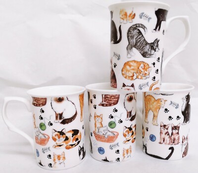 Katzen Collage Tassen Set 4 Fine Bone China Mehrfarbig Katzen Tassen Handdekoriert UK