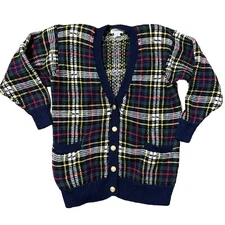 VINTAGE Wool Plaid Cardigan Sweater Women M Preppy Schoolgirl Grandmacore 80s 90