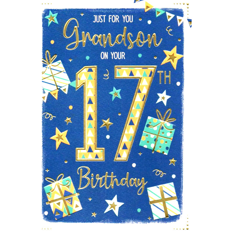 Birthday Card GRANDSON 17th 17. **Nine Inch Foiled Card. Paper pages inside**